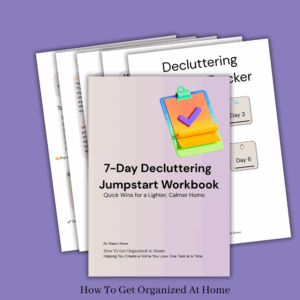The workbook front cover of the 7-Day Decluttering Jumpstart Workbook and a few of the pages in the background on a purple background