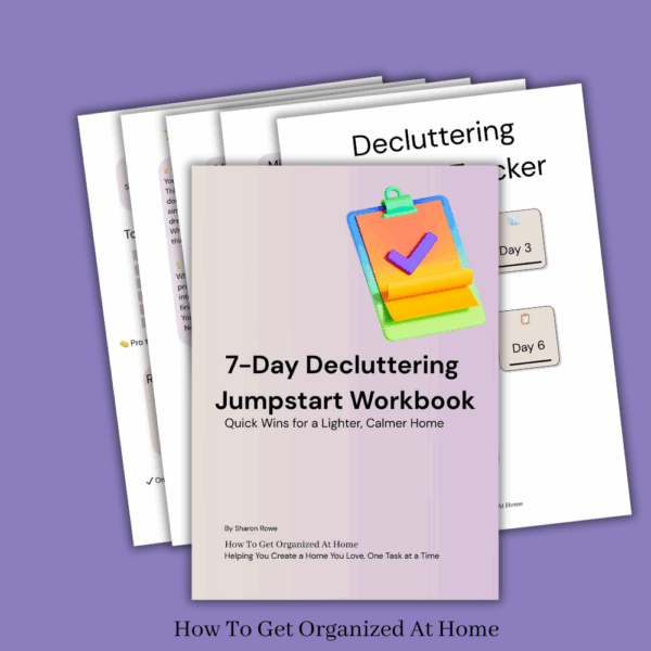 The workbook front cover of the 7-Day Decluttering Jumpstart Workbook and a few of the pages in the background on a purple background